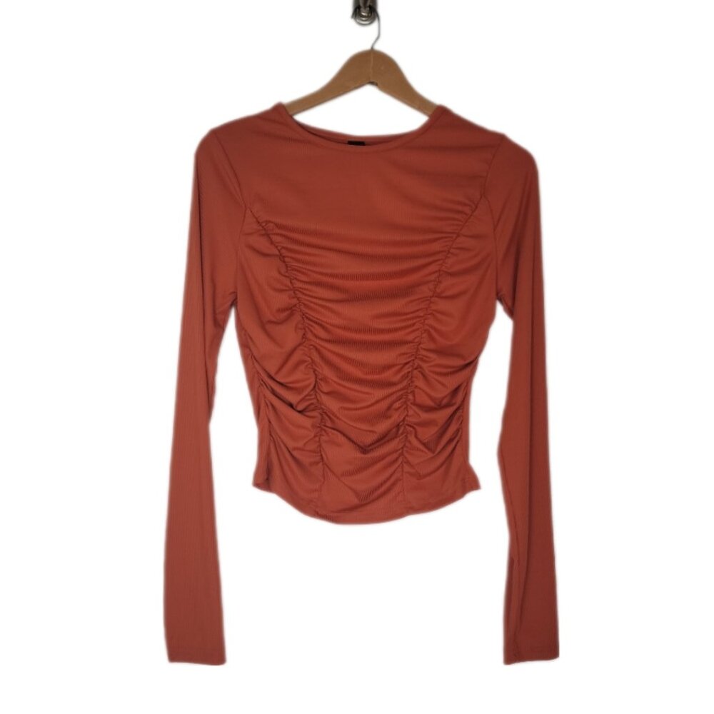 Shein SXY top ruched front burnt orange long sleeve‎ women's size L 40/42 8/10